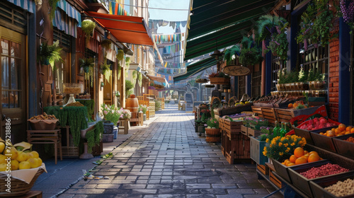 A street with a market and awnings