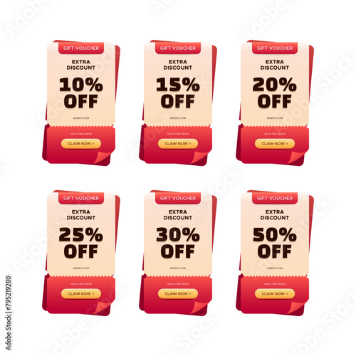 Set of gift voucher discount with different percentage. 10, 15, 20, 25, 30, 50 percent discount promotion for social media or website banner or marketing. vector design banner