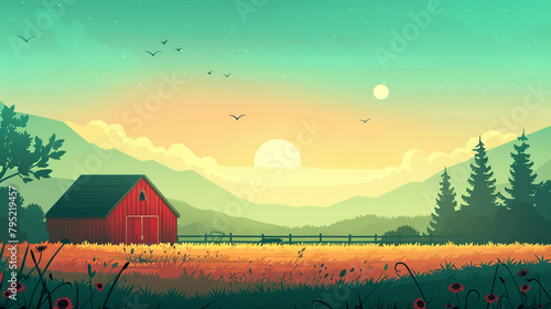 A farm scene in flat graphics
