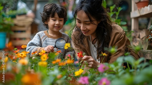 Joyful Mother and Son Exploring Flowers in Their Garden Together