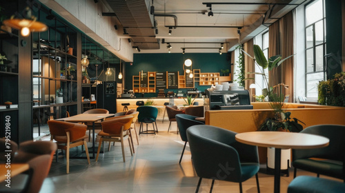 A restaurant with a green wall and yellow accents