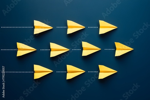 Yellow paper airplanes form a cohesive pattern against a vibrant blue backdrop  representing shared objectives