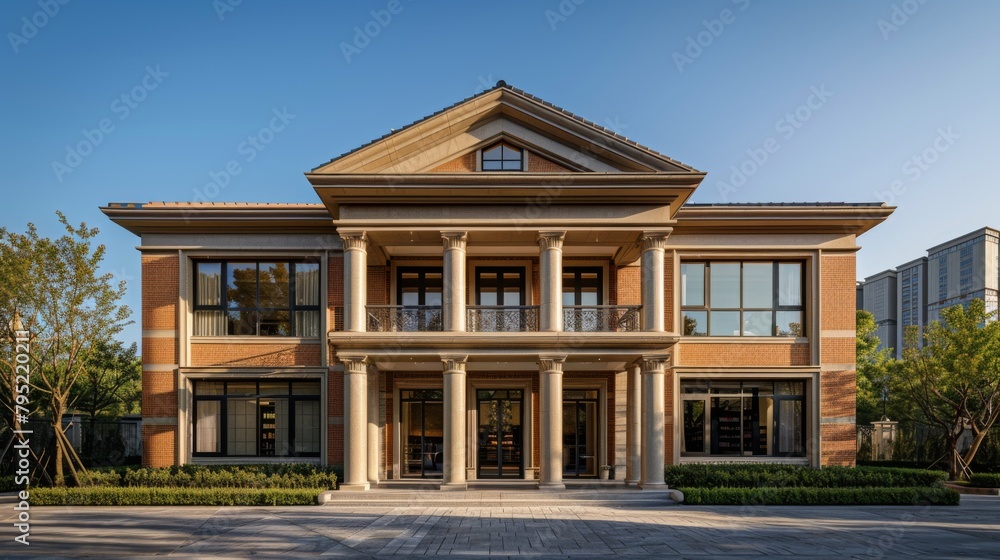 The image shows a beautiful mansion with a brick exterior and white columns. The image shows a beautiful mansion with a brick exterior and white columns.