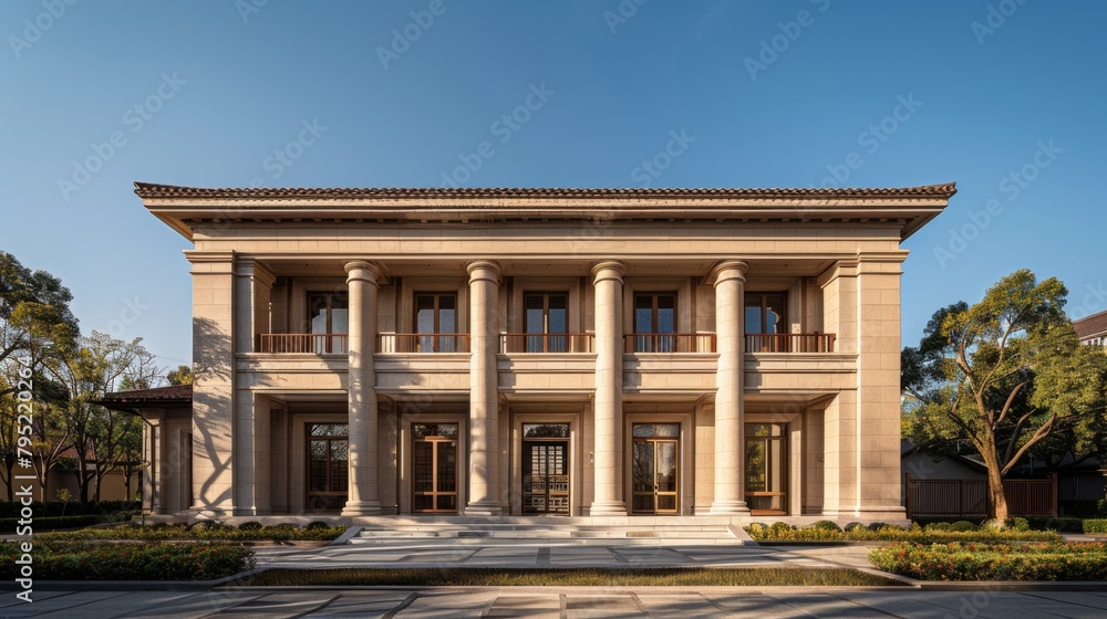 The image shows a beautiful mansion with a lot of columns.