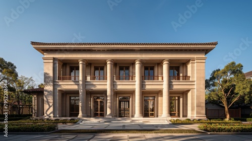 The image shows a beautiful mansion with a lot of columns. photo