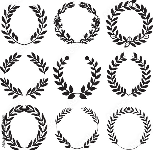 Set of different black and white silhouette round laurel foliate and wheat wreaths depicting an award, achievement, heraldry, nobility, emblem, logo.  photo