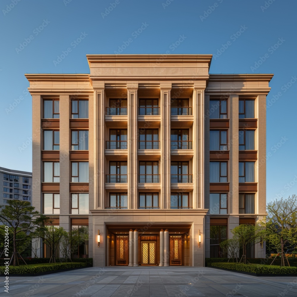 The image shows the front of a three-story apartment building with a beige stone facade. The building has a symmetrical design, with a central entrance flanked by two wings. The entrance is framed by The image shows the front of a three-story apartment building with a beige stone facade. The building has a symmetrical design, with a central entrance flanked by two wings. The entrance is framed by