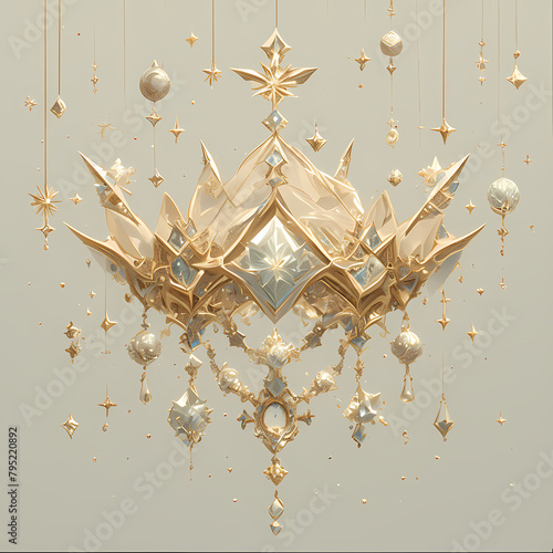 An exalted crown of pure gold, adorned with jewels and intricate designs, floating above a radiant sphere. A symbol of majesty and royalty. photo