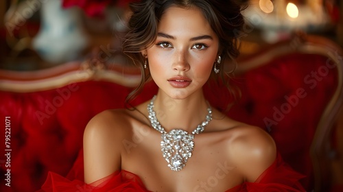 Model Exuding Confidence in Vibrant Red Evening Gown and Diamond Necklace on Red Carpet photo