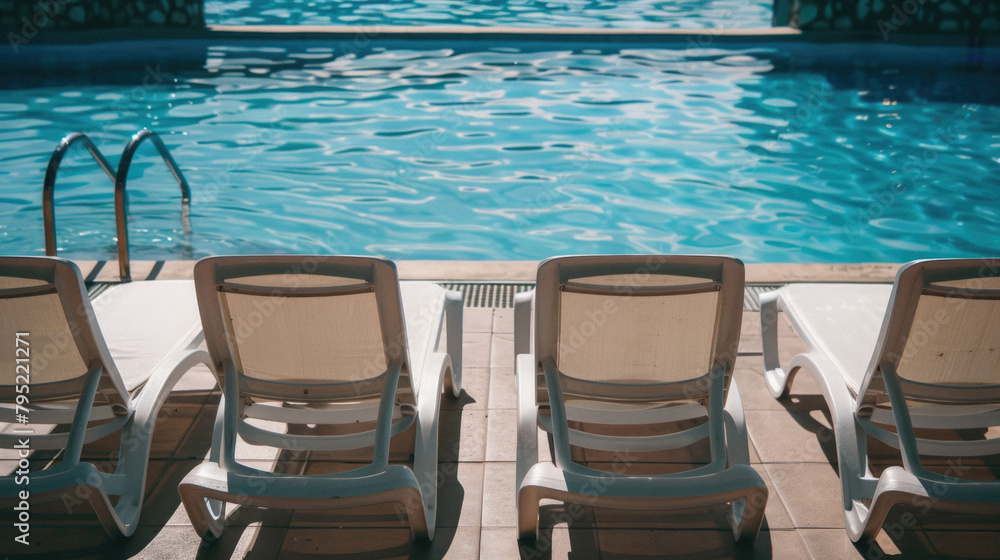 A pool with four white lounge chairs on the side A pool with four white lounge chairs on the side