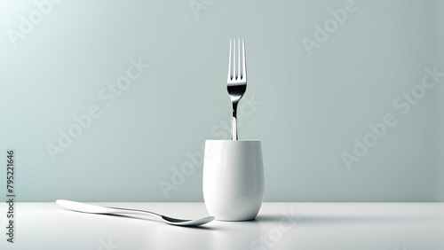 A fork in a white cup on a table bent at the tines and is leaning on the cup. Concept of simplicity and minimalism photo