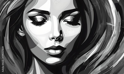 wallpaper or illustration, representing in the creativity of the abstract image which combines black, gray and white. With inlay the face of a woman with closed eyes.