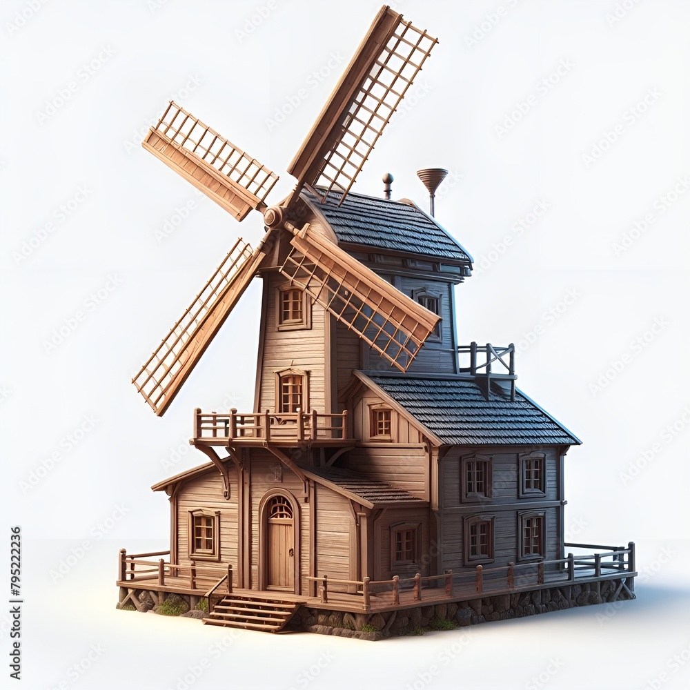 dutch windmill in the country,a windmill with a red roof,windmill isolated on white background