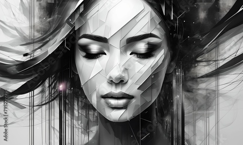wallpaper or illustration, representing in the creativity of the abstract image which combines black, gray and white. With inlay the face of a woman with closed eyes.