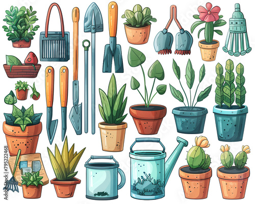 Tools and items for gardening Cartoon set of agricultural equipment and house supplies with glass walls, plants and flowers in pots photo
