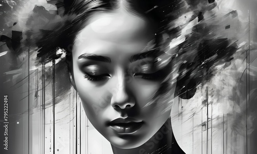 wallpaper or illustration, representing in the creativity of the abstract image which combines black, gray and white. With inlay the face of a woman with closed eyes. photo