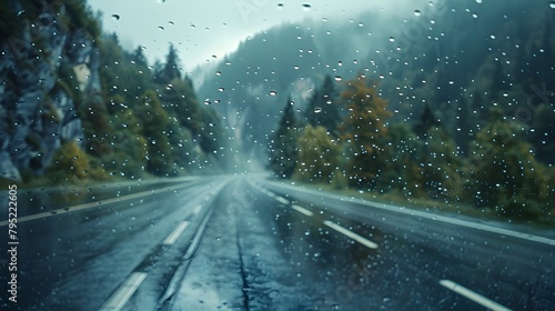 Rainy Mountain Drive Through Lush Evergreen Forest with Water Droplets on Car Window
