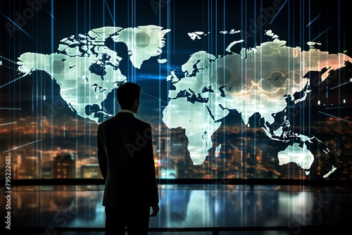 A businessman looking at a world map with glowing lights representing data.