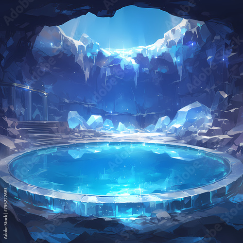 Spectacular Frozen Cavern with Blue Water and Glacial Ice