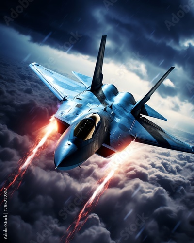A dark blue fighter jet is flying in the clouds. The jet has red and orange flames coming out of its engines.