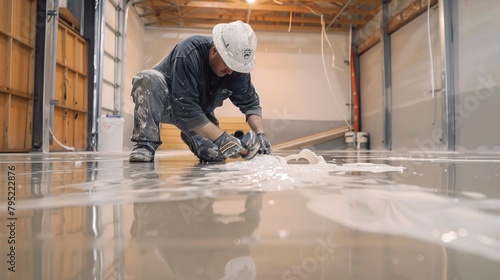 Craftsmen who are experts in coating floors with epoxy. to create a durable surface Each use strengthens the quality of the built environment. photo