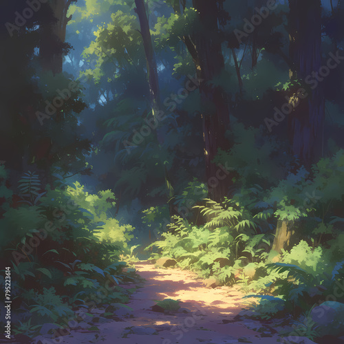 Discover the serene beauty of a fern-lined forest trail  where nature and tranquility blend seamlessly in this picturesque image.