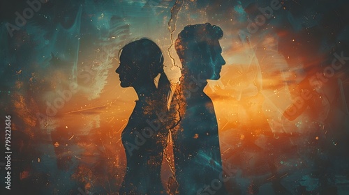 Silhouetted Couple Divided by Emotional Clash and Potential Divorce