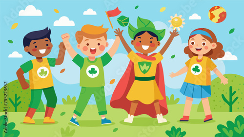 A lively game of EcoTag is in full swing played by ecoconscious children dressed in vibrant secondhand clothing all in celebration of a young
