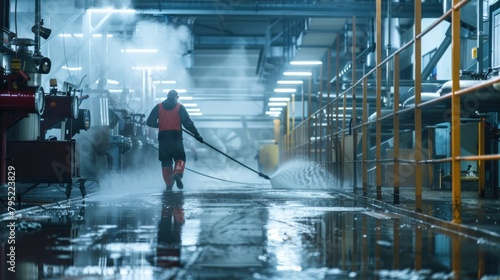 A middle-aged man works in an industrial slaughterhouse. He is cleaning and washing the floor using a pressure water sprayer. A food processing plant and a machine production line with water
