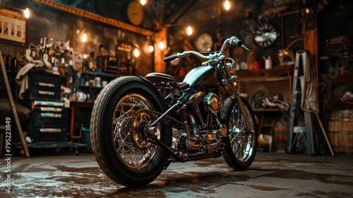 A Vintage style motorcycle under the garage