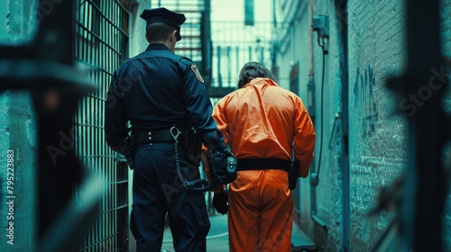 A picture of the back of an Orange jumpsuit prisoner being handcuffed and being arrested, with a police officer standing next to him photo