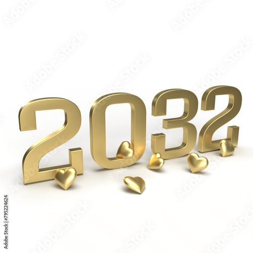 Gold new year 2032 with hearts around it.