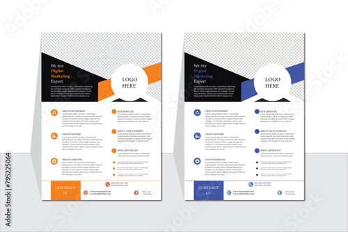 a bundle of 2 templates of a4 flyer.Corporate business flyer template design set with blue, orange,black and white color. marketing, business proposal, promotion, advertise, publication, Brochure ect.