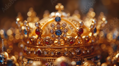 Royal Splendor: Majestic Gold Crown Illuminated on Table. Generative AI
