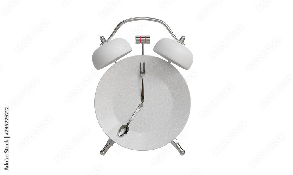 White Alarm clock and plate with utensils. The concept of intermittent fasting, lunch, diet, and weight losss White Alarm clock and plate with utensils. The concept of intermittent fasting, lunch, diet, and weight losss