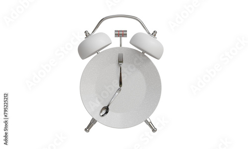 White Alarm clock and plate with utensils. The concept of intermittent fasting, lunch, diet, and weight losss (ID: 795225212)