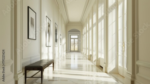 Elegant neoclassical hallway bathed in natural light, featuring framed art and polished floors