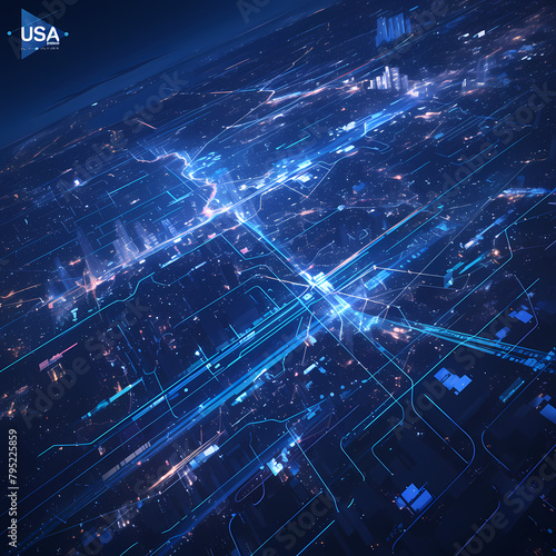 Stunning Advanced 3D Animation of USA's Digital Map Showcasing Lighted Highways and Cities at Night photo