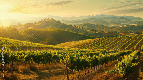 A beautiful vineyard with rows of grape vines and a mountain in the background