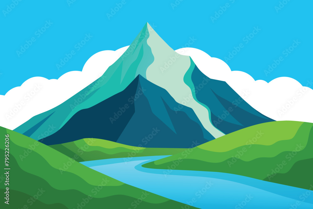 Beautiful mountain view. A large mountain surrounded by a river. Vector illustration design