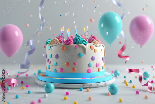 A visually striking image showcasing a meticulously crafted birthday cake set against a transparent background, complemented by lively balloons and ribbons rendered in stunning 3D.