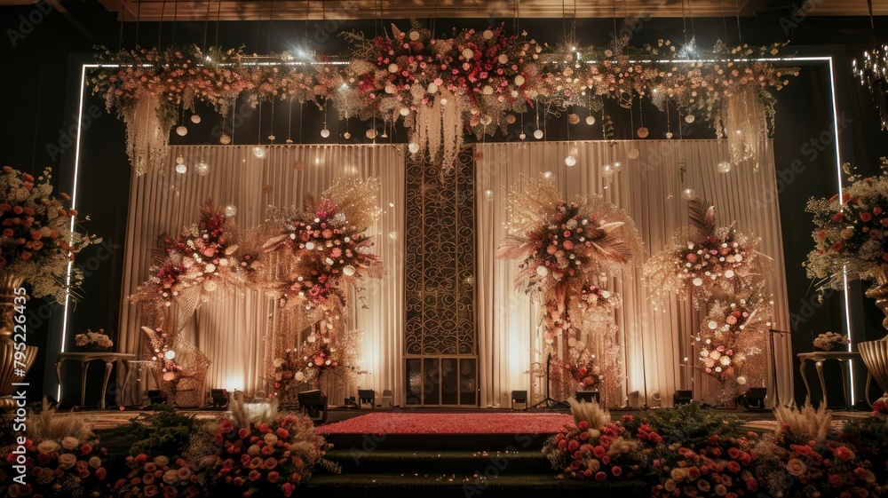 Wedding stage decoration background inside the building with elegant and beautiful flower decorations