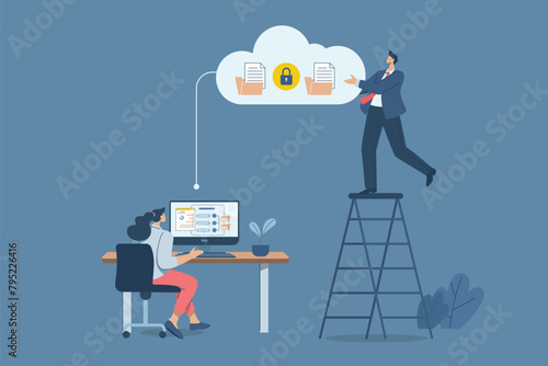 Organizing important information and storing company or organization data in secure cloud technology, With global online connections. Vector design illustration.