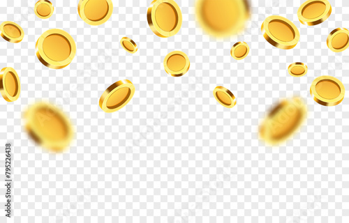 Realistic gold coins png. Explosion of gold coins png. Gold coins fall from the sky. Victory, easy money.