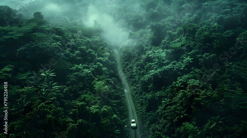 Winding Mountain Road Cutting Through Lush Tropical Rainforest Evoking Isolation and Tranquility