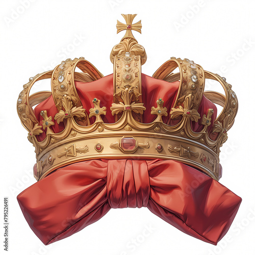 Illustrious Royal Golden Crown Glistening on Crimson Velvet Pillow photo