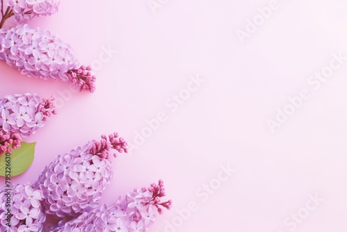 Fragrant lilac flowers in full bloom, arranged on a pastel pink background, offering copyspace for text or design elements. Lilac Flowers on Pink Background with Copyspace