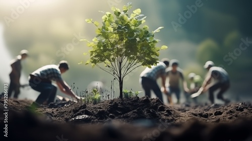 men are planting trees and watering them to help increase oxygen in the air and reduce global warming, Save world save life and Plant a tree. photo
