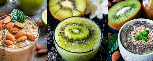 Three healthy green smoothies with kiwi, chia seeds, almonds and mint photo