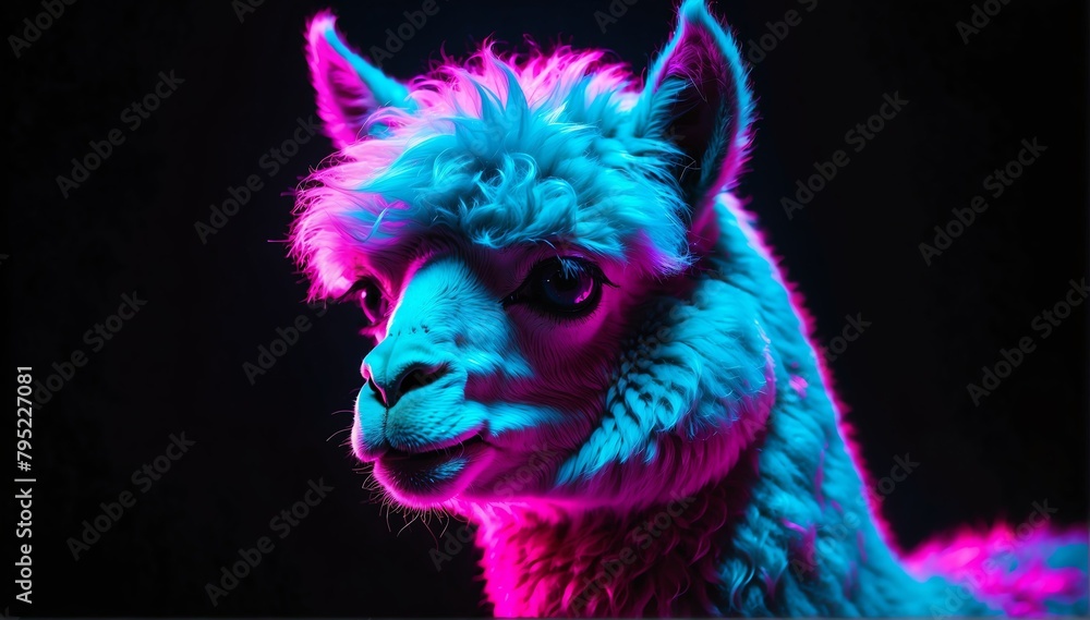 holographic glowing portrait of alpaca on black dark background from Generative AI